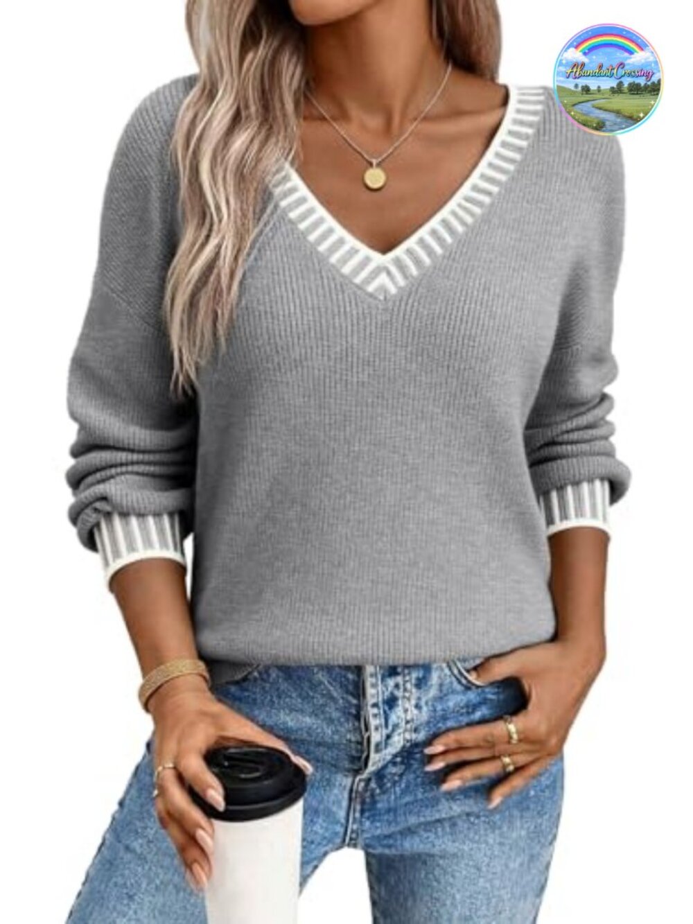 V Neck Long Sleeve Cable Knit Pullover Sweater Contrast Stitch Drop Shoulder
